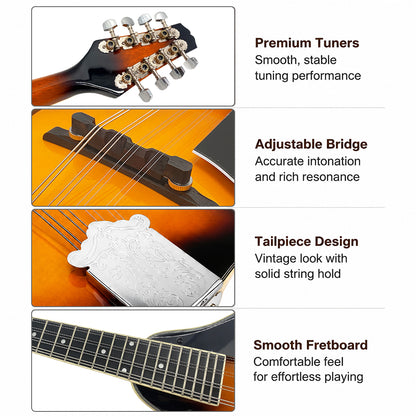 Yinfente Mandolin Instrument a Style, 8 String, Lightweight Basswood Body - Acoustic Mandolin Kit with Gig Bag, Strap, Picks & Extra Strings for Beginners & Professionals