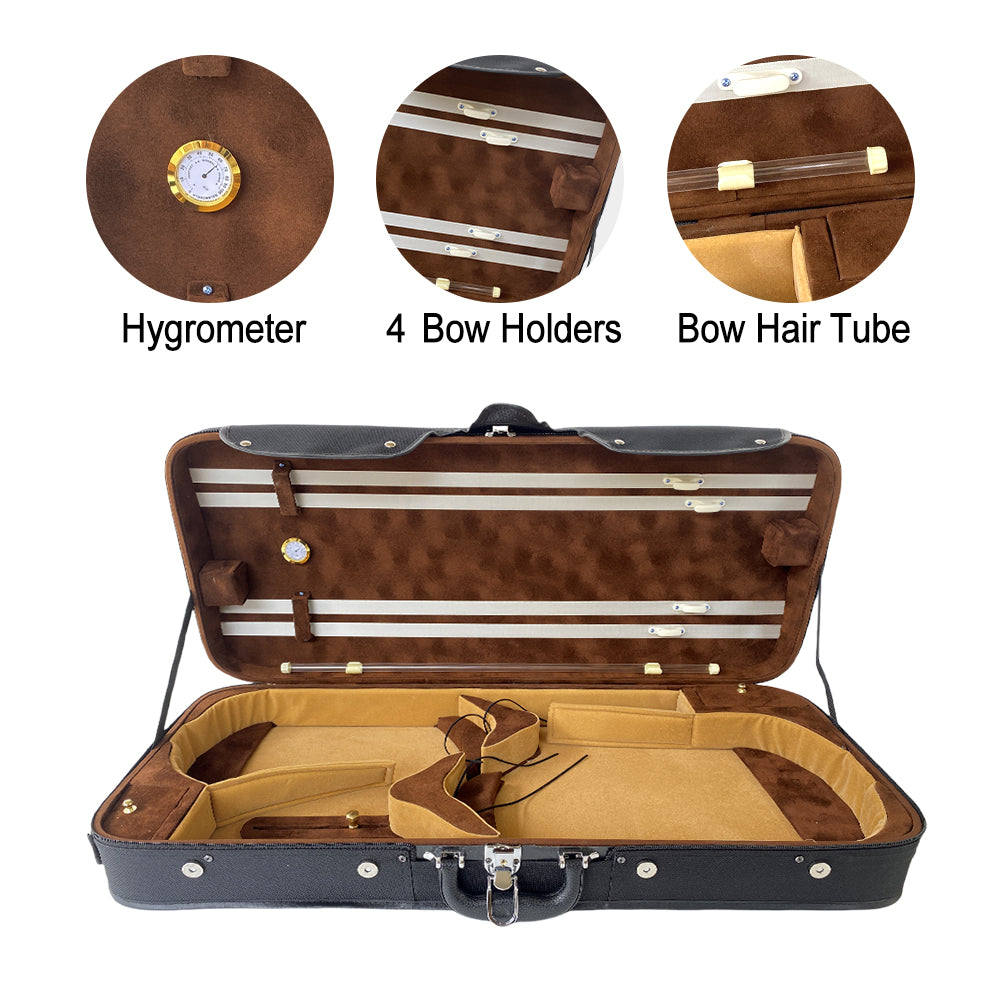 Yinfente Double Violin Case 4/4 Full Size Wooden Oblong Double Viola Box Adjustable Backstrap, Four Bow Holders (Black)