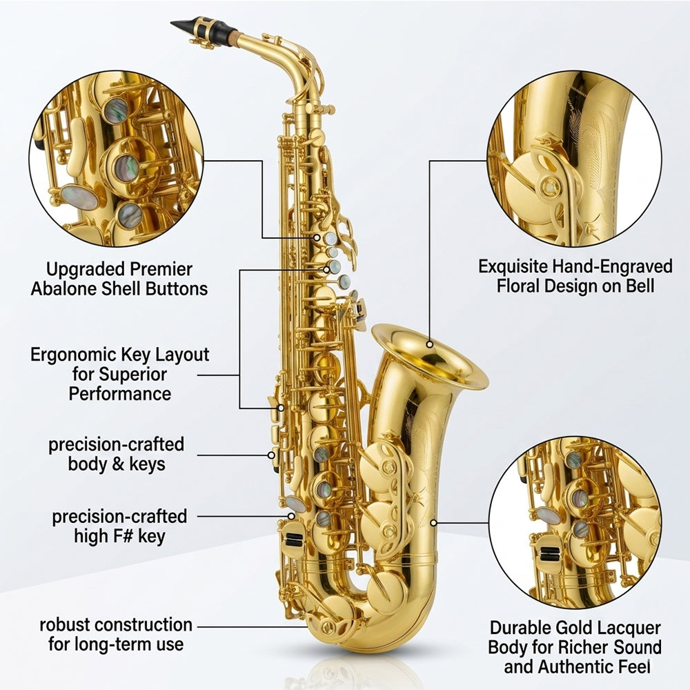 Yinfente Alto Saxophone Eb Gold Lacquer Finish Complete Starter Kit with Case Reeds for Entry & Intermediate Musicians or Beginners