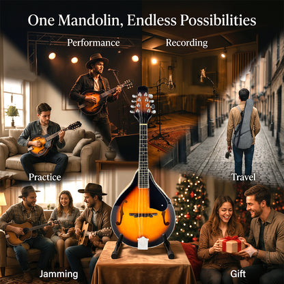 Yinfente Mandolin Instrument a Style, 8 String, Lightweight Basswood Body - Acoustic Mandolin Kit with Gig Bag, Strap, Picks & Extra Strings for Beginners & Professionals