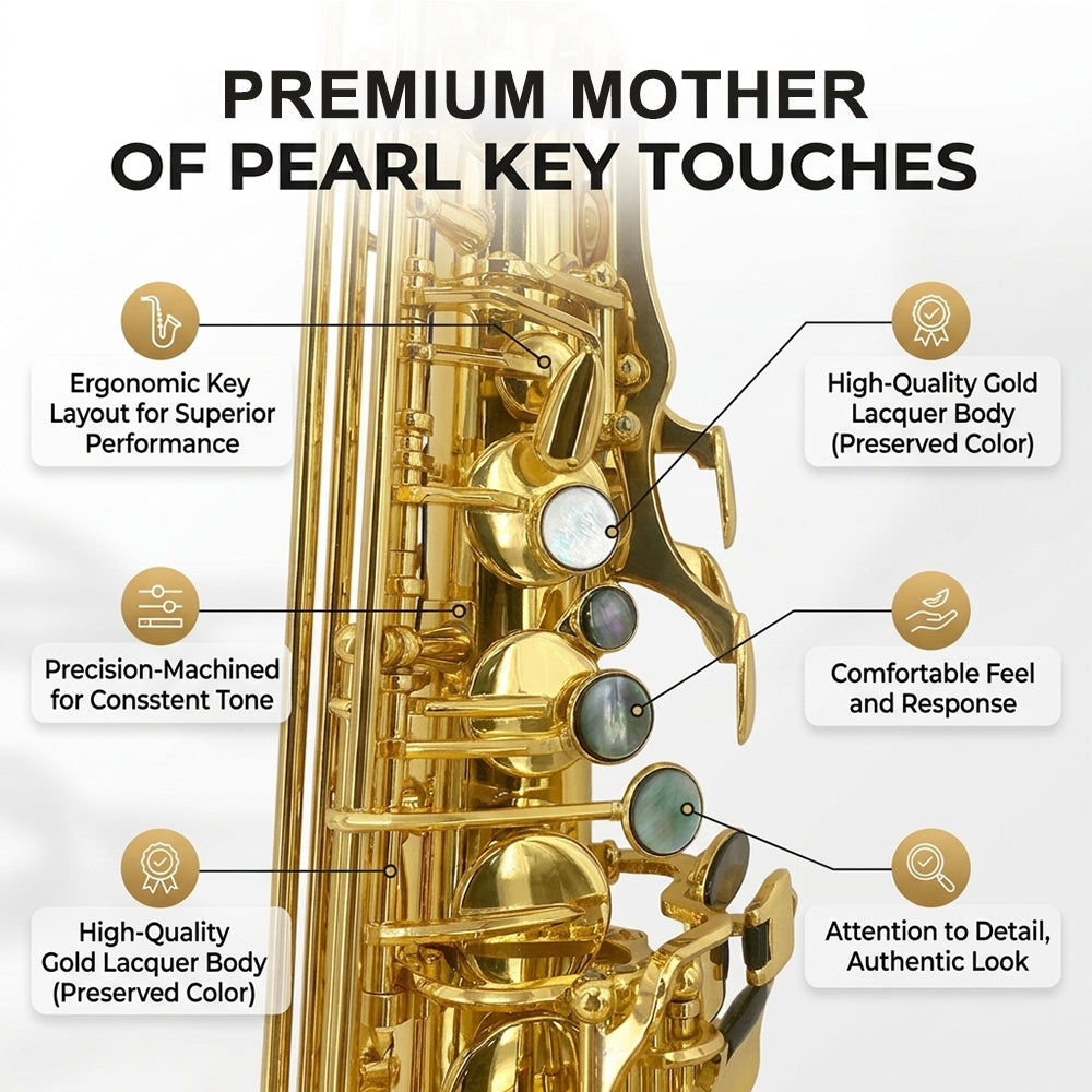 Yinfente Alto Saxophone Eb Gold Lacquer Finish Complete Starter Kit with Case Reeds for Entry & Intermediate Musicians or Beginners