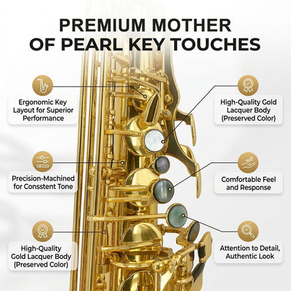 Yinfente Alto Saxophone Eb Gold Lacquer Finish Complete Starter Kit with Case Reeds for Entry & Intermediate Musicians or Beginners