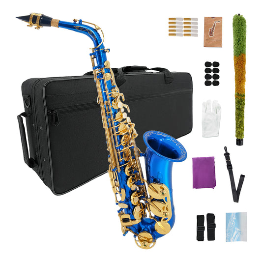 Yinfente Alto Saxophone E Flat Blue Complete Starter Kit Beginner with Case & 10 Reeds, for Adults & Students, Easy to Play for School Band & Practice