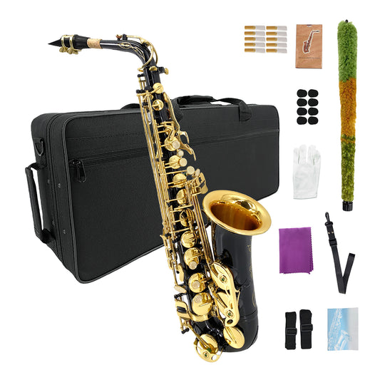 Yinfente Alto Saxophone Eb for Beginners - Complete Saxophone Kit with Hard Case, Mouthpiece, Neck Strap, Reeds, Cleaning Kit - Ideal for Students & Professionals (Black)