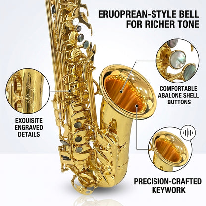 Yinfente Alto Saxophone Eb Gold Lacquer Finish Complete Starter Kit with Case Reeds for Entry & Intermediate Musicians or Beginners
