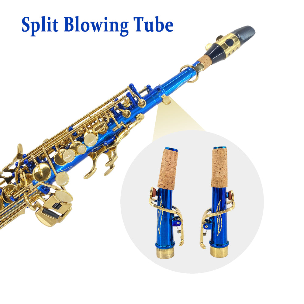 Bb Soprano Saxophone Straight Gold Sax Instruments for Beginners Students with Mouthpiece Carrying Case Straps 10Reeds (Blue)