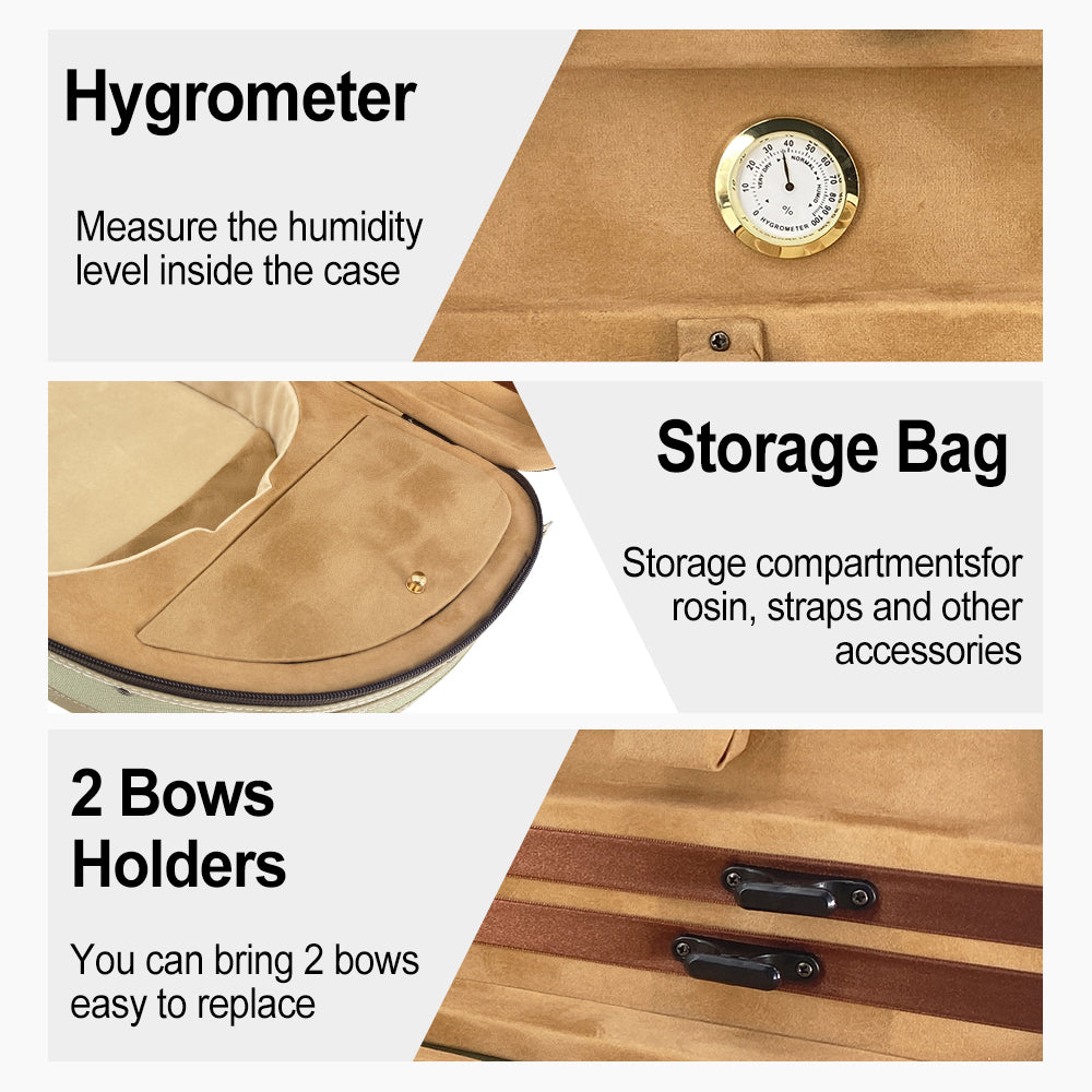 4/4 Violin Case Halfmoon Shape Lightweight with Hygrometer Shoulder Strap Padding Green Case