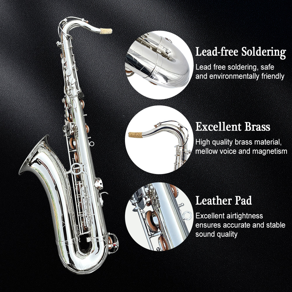 Yinfente Bb Tenor Saxophone Professional Beginner Kit B Flat Sax Complete Set with Case Reeds Cleaning Cloth Neck Straps Mouthpiece Silver