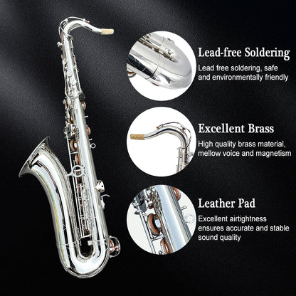Yinfente Bb Tenor Saxophone Professional Beginner Kit B Flat Sax Complete Set with Case Reeds Cleaning Cloth Neck Straps Mouthpiece Silver