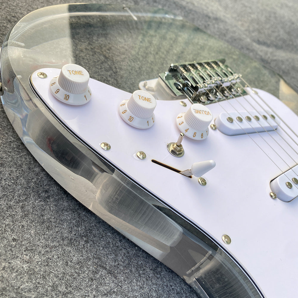 Electric Guitar Kit Transparent Acrylic Guitar,Full Size Solid Body for Beginners with Maple Neck Rosewood Fretboard& LED Light Blue,Strap,Tremolo Bra, Cable,Picks SSS