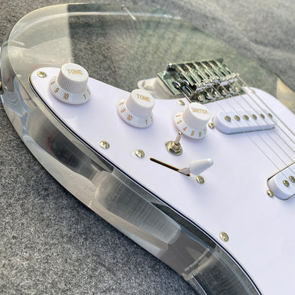 Electric Guitar Kit Transparent Acrylic Guitar,Full Size Solid Body for Beginners with Maple Neck Rosewood Fretboard& LED Light Blue,Strap,Tremolo Bra, Cable,Picks SSS