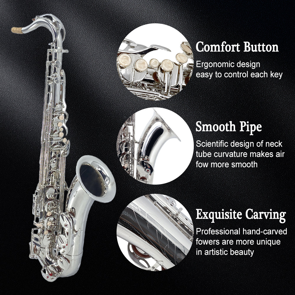 Yinfente Bb Tenor Saxophone Professional Beginner Kit B Flat Sax Complete Set with Case Reeds Cleaning Cloth Neck Straps Mouthpiece Silver