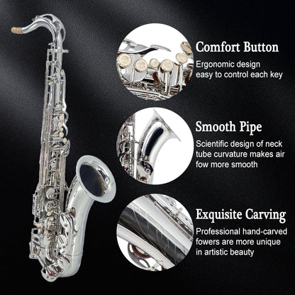 Yinfente Bb Tenor Saxophone Professional Beginner Kit B Flat Sax Complete Set with Case Reeds Cleaning Cloth Neck Straps Mouthpiece Silver