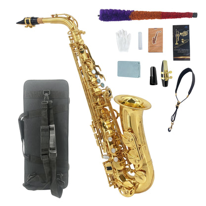 Yinfente Alto Saxophone Eb Gold Lacquer Finish Complete Starter Kit with Case Reeds for Entry & Intermediate Musicians or Beginners