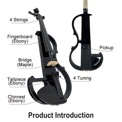 Yinfente Electric Violin 4/4 Full Size Silent 4 String Student Beginner Violin Ebony Fittings with Case Bow Shoulder Rest Rosin Cable Headphone