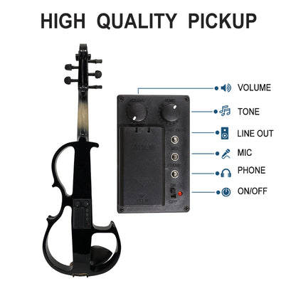 Yinfente 16Inch Silent Electric Viola Solid Wood 5 String with Ebony Fittings Hard Case Brazilwood Bow AUX Cable Cleaning Cloth Extra Strings Shoulder Rest Black FCGDA