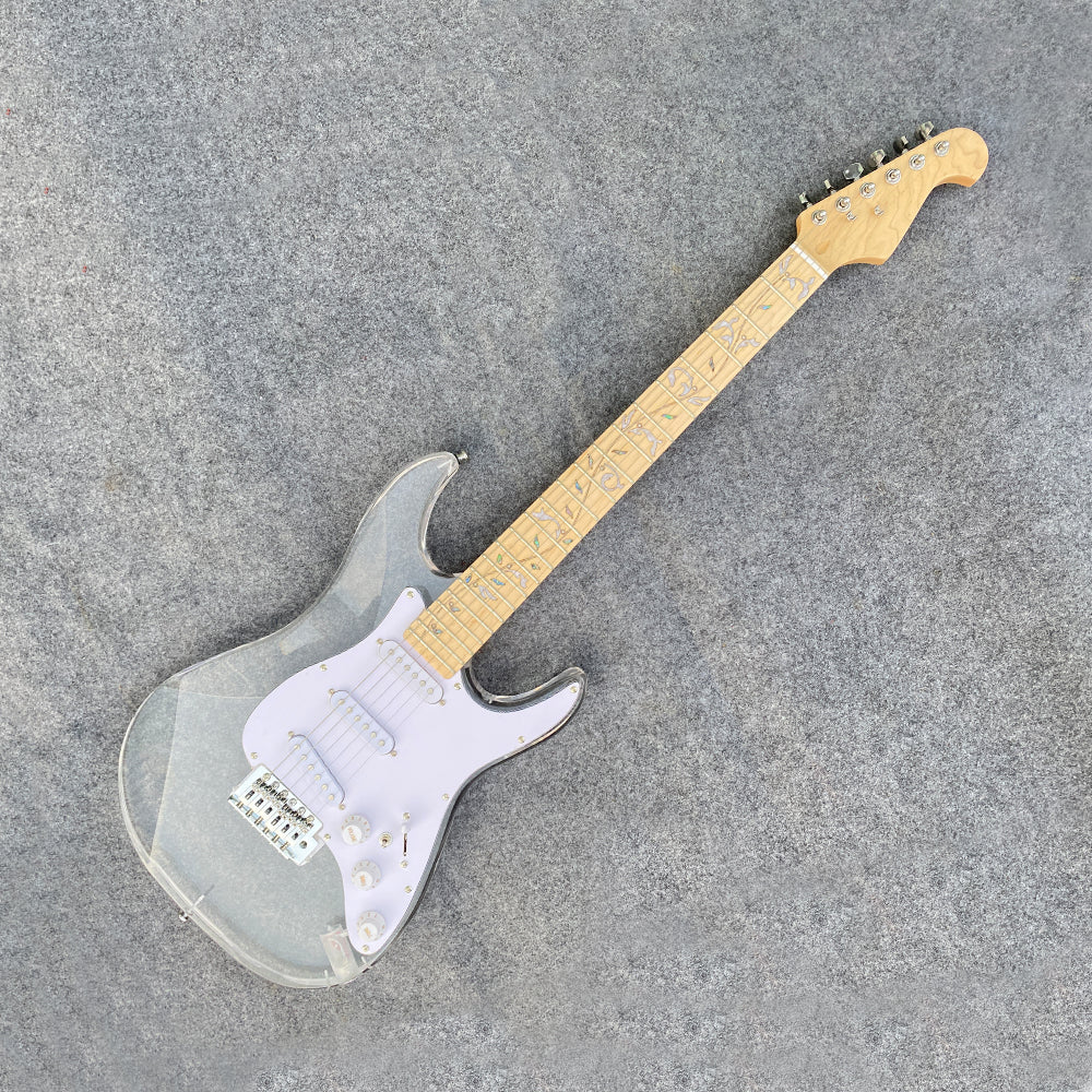 Electric Guitar Kit Transparent Acrylic Guitar,Full Size Solid Body for Beginners with Maple Neck Rosewood Fretboard& LED Light Blue,Strap,Tremolo Bra, Cable,Picks SSS