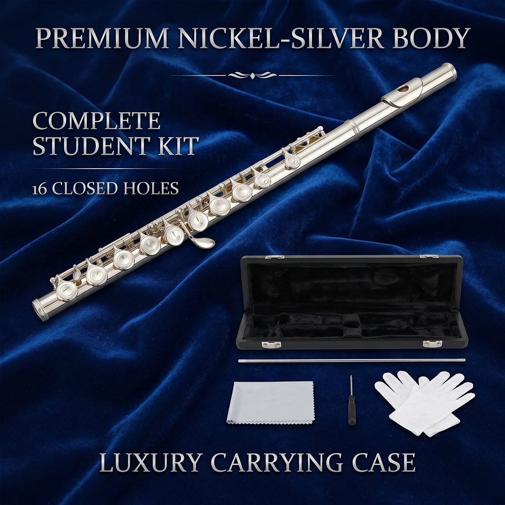 Yinfente 16 Hole C Flute with Gloves, Cleaning Rod, Case, Tuning Key and Extra Reeds - Nickel Silver Body, Closed Hole, for Student and Beginner
