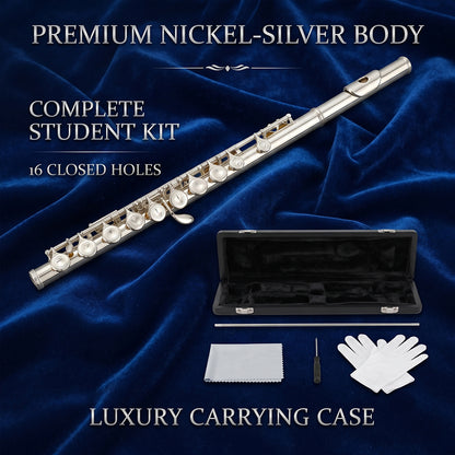 Yinfente 16 Hole C Flute with Gloves, Cleaning Rod, Case, Tuning Key and Extra Reeds - Nickel Silver Body, Closed Hole, for Student and Beginner
