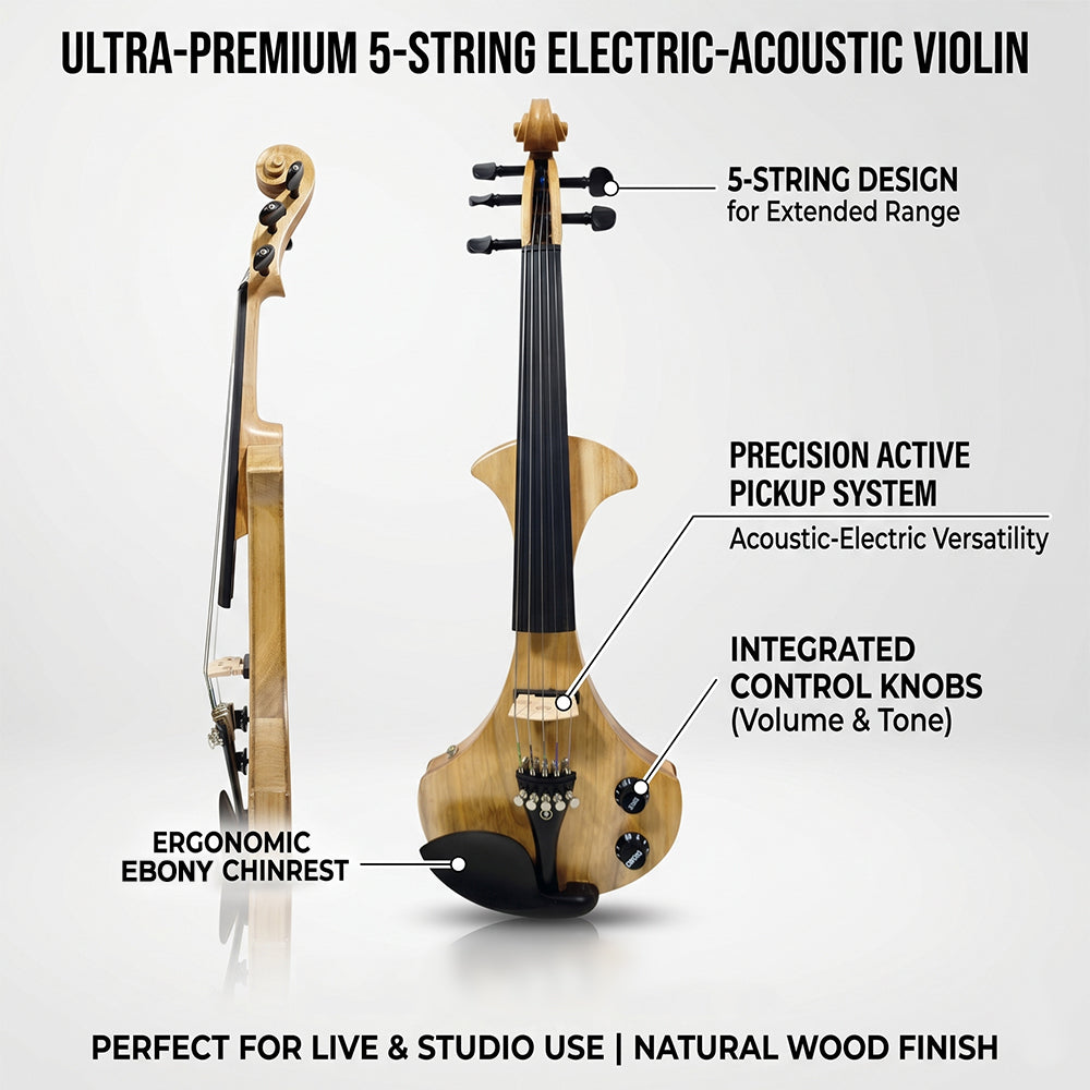 Yinfente 5 String Electric Violin 4/4 Solid wood Ebony Fittings Free Case Wood color