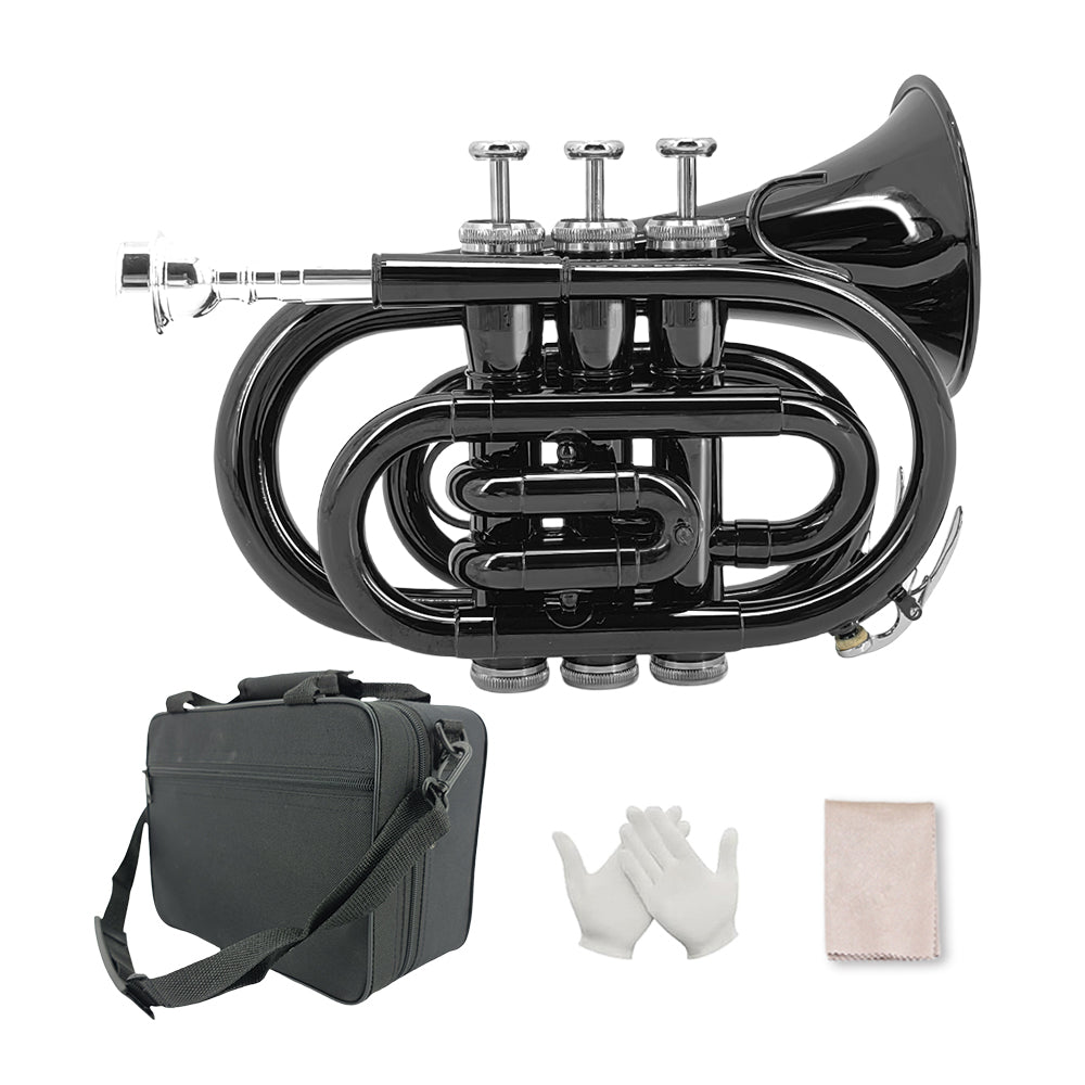 Brass Pocket Trumpet Bb Key Nickel Plated with Mouthpiece 7C, Cleaning Kit, Carrying Case, Gloves for Beginners/Students (Black)