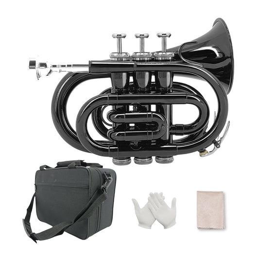 Brass Pocket Trumpet Bb Key Nickel Plated with Mouthpiece 7C, Cleaning Kit, Carrying Case, Gloves for Beginners/Students (Black)
