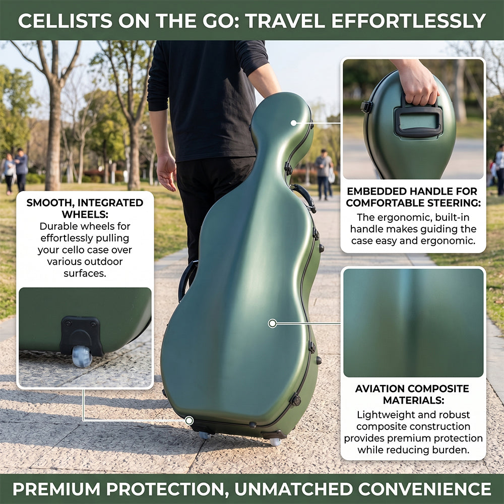 Yinfente Cello Hard Case 4/4 with Wheels and Embedded handle Aviation Composite Materials Waterproof (Green)
