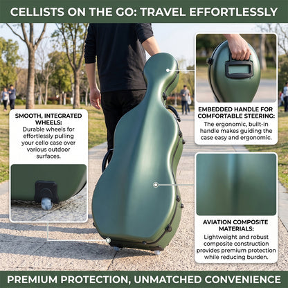 Yinfente Cello Hard Case 4/4 with Wheels and Embedded handle Aviation Composite Materials Waterproof (Green)