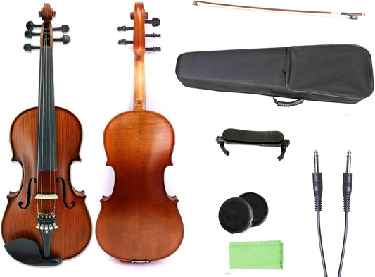 5 String Electric Violin Full Size Maple Back Side Spruce Top Ebony Accessories EQ Preamp with Hard Case,Brazilwood Bow,Rosin,Aux Cable,Cleaning Cloth,Shoulder Rest Beginner Student Violin