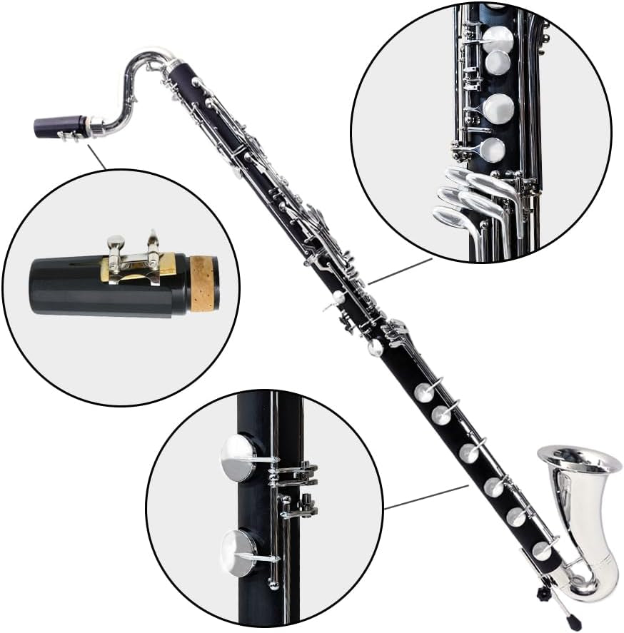 ABS Bass Clarinet Kits for Beginners Low C Bb Flat Clarinete Professional Silver Plated Keys Hard Case,Cleaning Kits,Gloves and Cork Grease