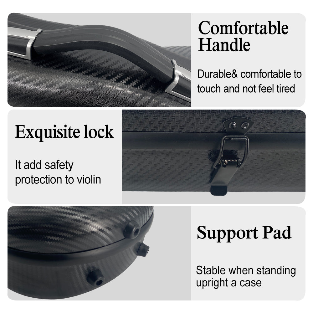 Triangle 1.95Kg Violin Case 4/4 Full Size Carbon Fiber Strong Bag 150Kg Pressure Full Size with Adjustable Backstrap Two Bow Holder（Black）