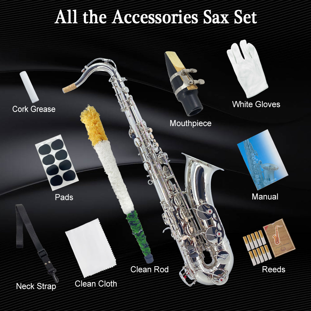 Yinfente Bb Tenor Saxophone Professional Beginner Kit B Flat Sax Complete Set with Case Reeds Cleaning Cloth Neck Straps Mouthpiece Silver