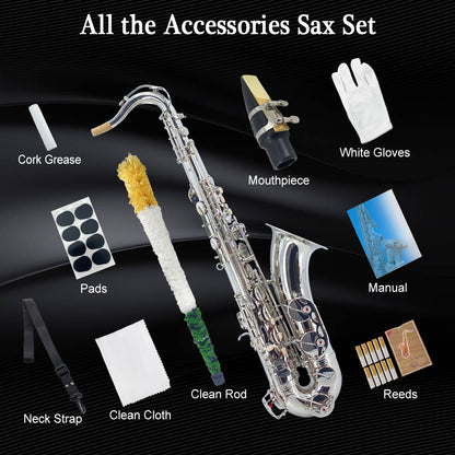 Yinfente Bb Tenor Saxophone Professional Beginner Kit B Flat Sax Complete Set with Case Reeds Cleaning Cloth Neck Straps Mouthpiece Silver