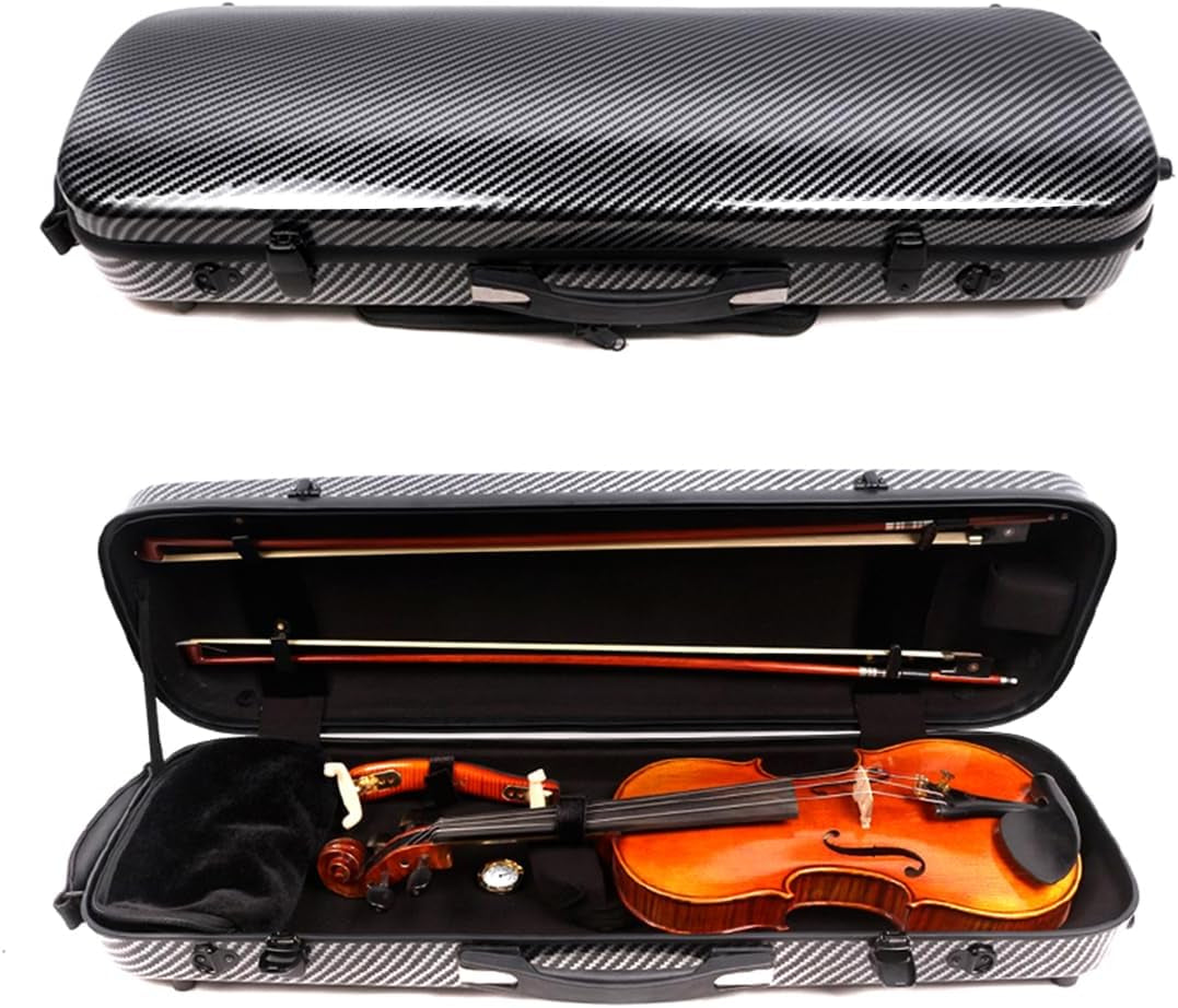 Violin Case 4/4 Full Size Carbon Fiber Oblong Violin Bag with Music Sheet Bag Adjustable Backstrap Hygrometer Lightweight Protable