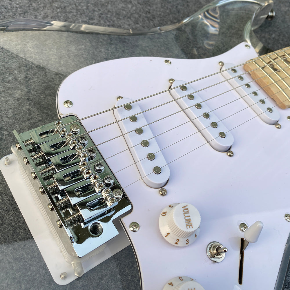 Electric Guitar Kit Transparent Acrylic Guitar,Full Size Solid Body for Beginners with Maple Neck Rosewood Fretboard& LED Light Blue,Strap,Tremolo Bra, Cable,Picks SSS
