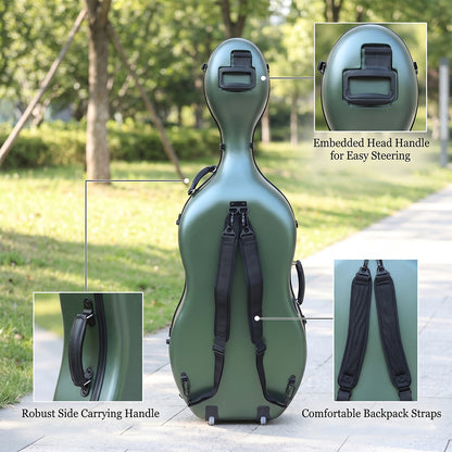 Yinfente Cello Hard Case 4/4 with Wheels and Embedded handle Aviation Composite Materials Waterproof (Green)