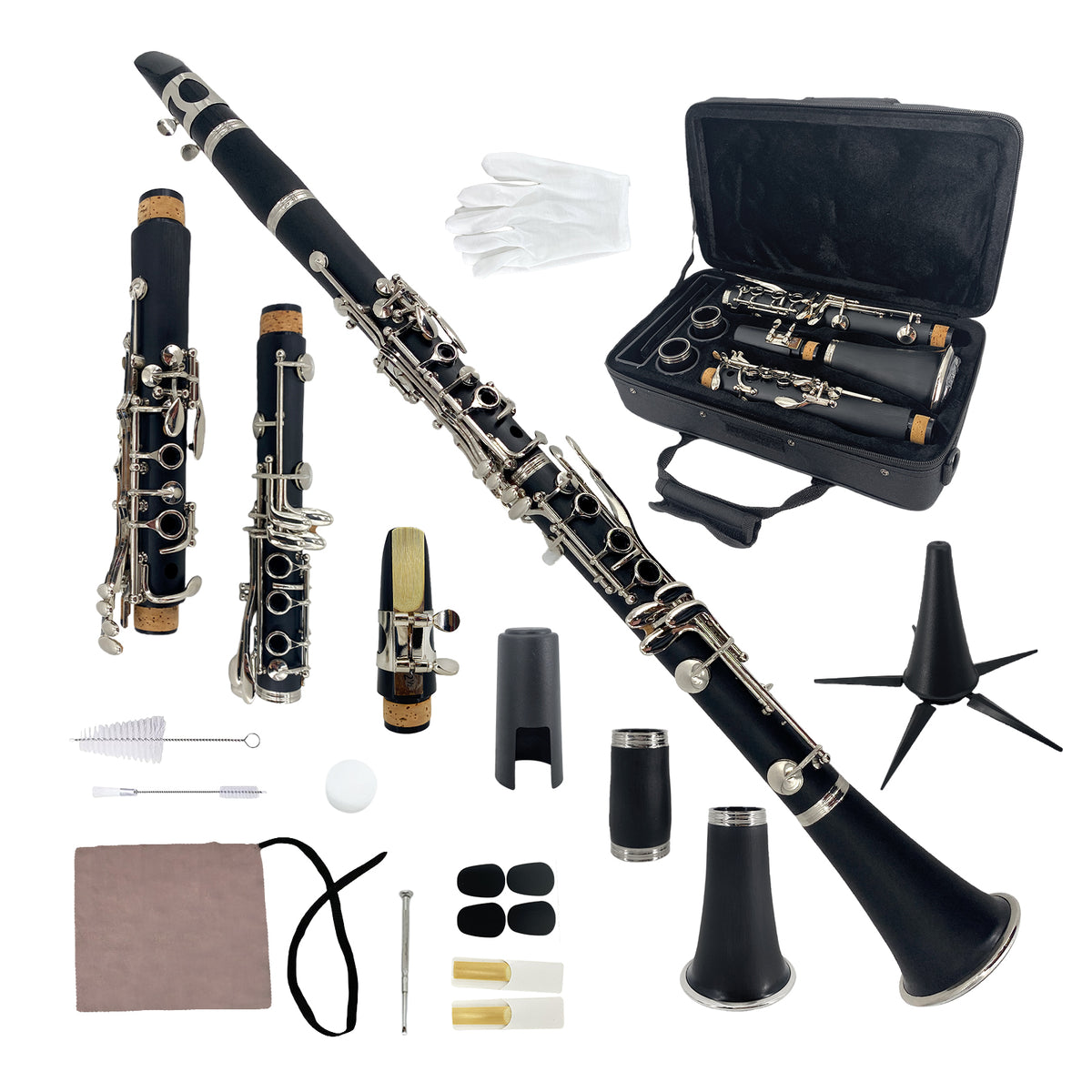 Yinfente Bb Clarinet for Beginners Student B Flat Clarinet with Ebonite Body & Nickel-Plated 17 Keys Woodwind Instrument with 2 Barrels Reeds Pads Case and Cleaning Kit