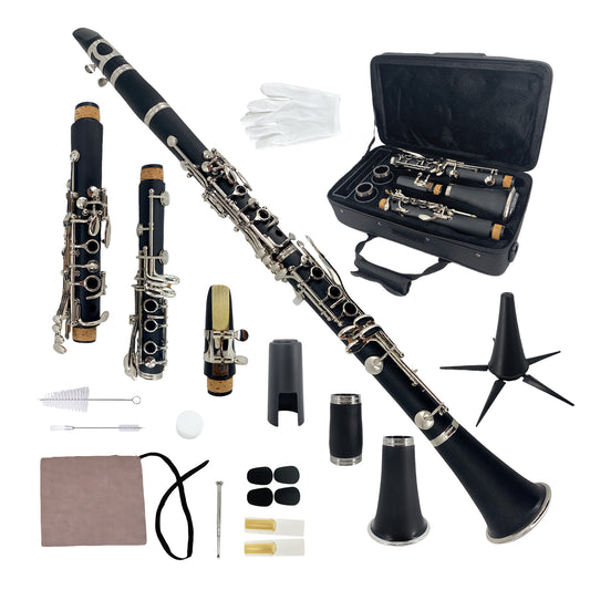Yinfente Bb Clarinet for Beginners Student B Flat Clarinet with Ebonite Body & Nickel-Plated 17 Keys Woodwind Instrument with 2 Barrels Reeds Pads Case and Cleaning Kit