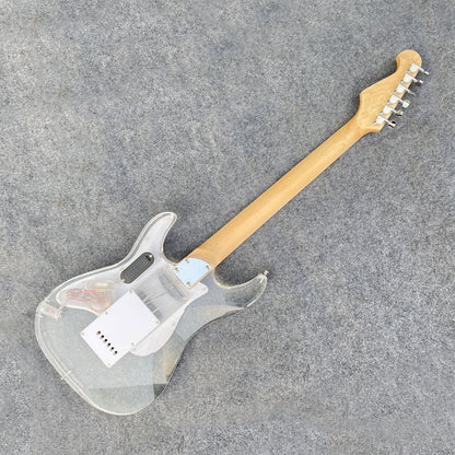 Electric Guitar Kit Transparent Acrylic Guitar,Full Size Solid Body for Beginners with Maple Neck Rosewood Fretboard& LED Light Blue,Strap,Tremolo Bra, Cable,Picks SSS