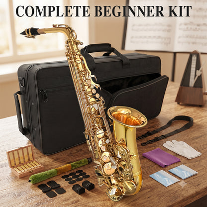 Yinfente Alto Saxophone Beginner Kit for Eb Gold Brass with Case, Reeds, Mouthpiece & Cleaning Kit Professional Sound & Easy to Play