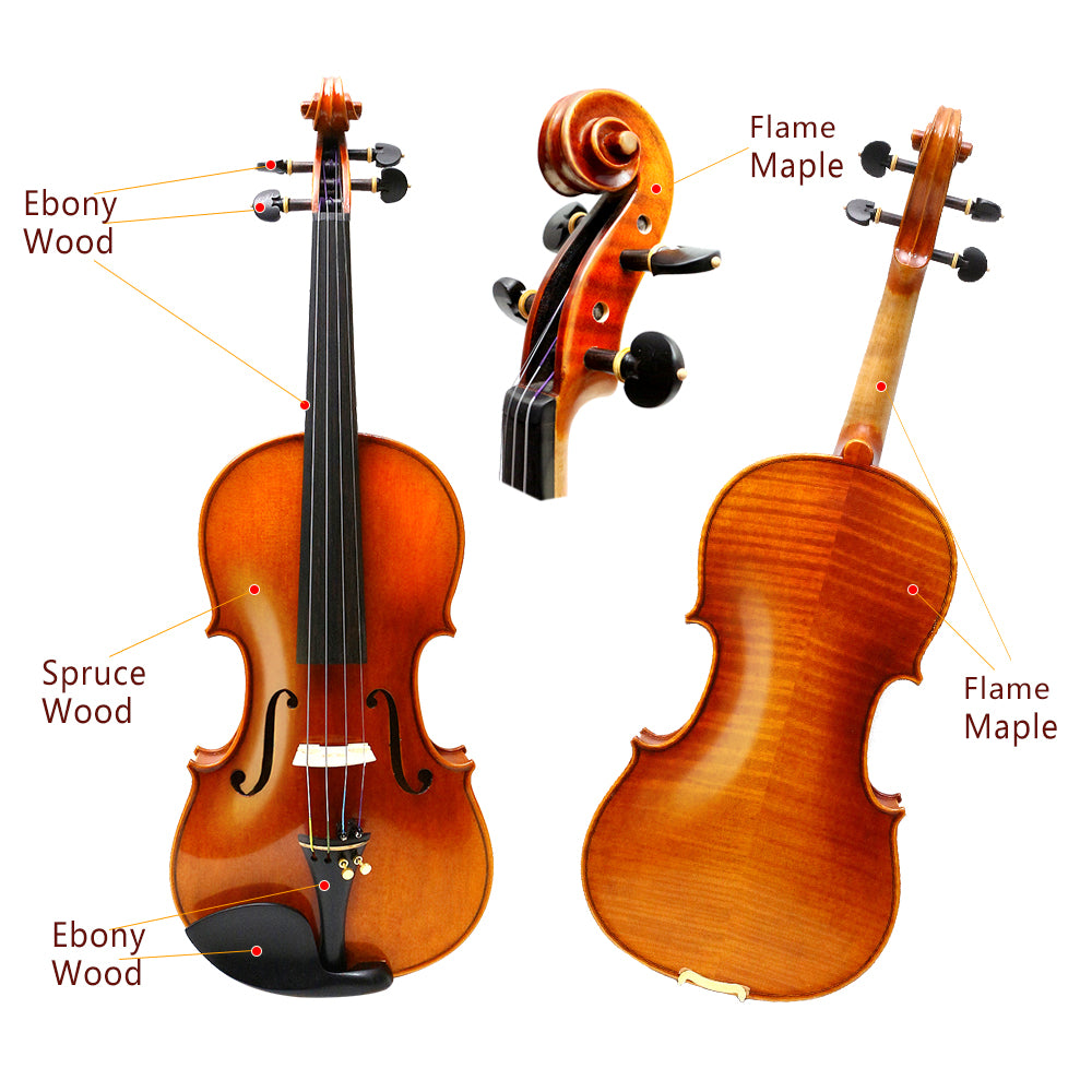 4/4 Full Size Flame Maple 4 String Acoustic Violin Spruce Top Ebony Fittings Solid Wood,Case,Bow,Rosin,Battery-Operated Mini Clip-On Tunerkit,Briage,Shoulder Rest for Beginner. (Fine Grain)