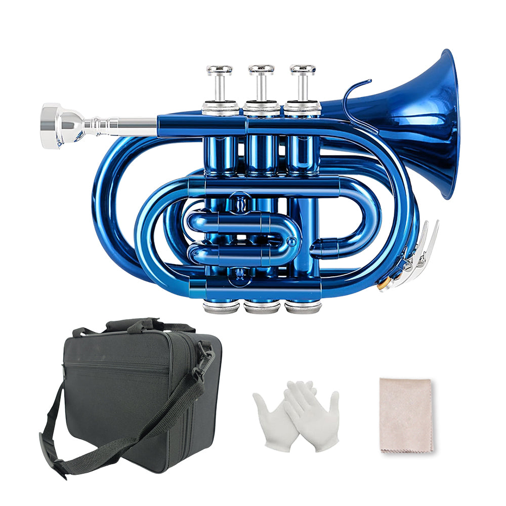 Brass Pocket Trumpet Bb Key Nickel Plated with Mouthpiece 7C, Cleaning Kit, Carrying Case, Gloves for Beginners/Students (Blue)