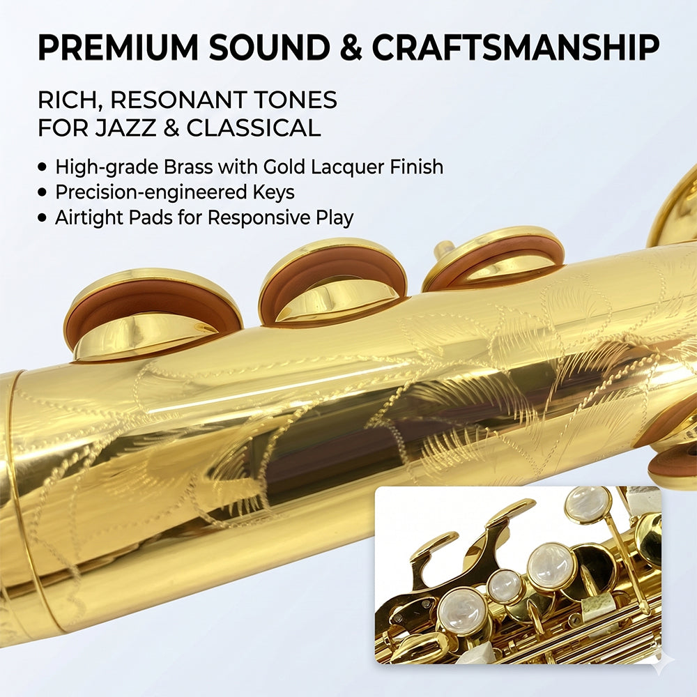 Yinfente Straight Soprano Saxophone Bb B Flat Sax with Case, Mouthpiece,Reeds & Accessories Brass Woodwind Instrument for Beginners,Adults & Advanced Players