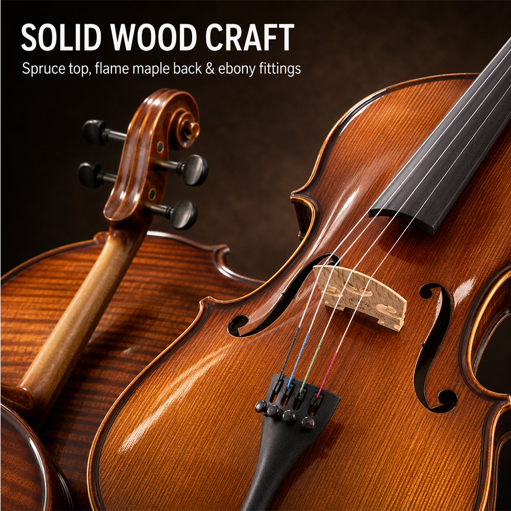 Violin 4/4 Full Set for Beginners, Adults, Students, Aged Spruce Maple Solid Wood Fiddle, Ebony Fittings with Hard Case, Shoulder Rest, Bow, Extra Strings (Dark Brown, 4/4 Full Size)