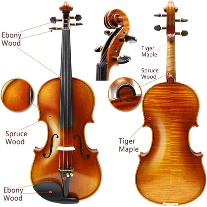 4/4 Full Size 4 String Flame Maple Acoustic Violin Spruce Top Ebony Fittings Solid Wood,Case,Bow,Rosin,Battery-Operated Mini Clip-On Tunerkit,Bridge,Shoulder Rest for Beginner (Fine Grain)