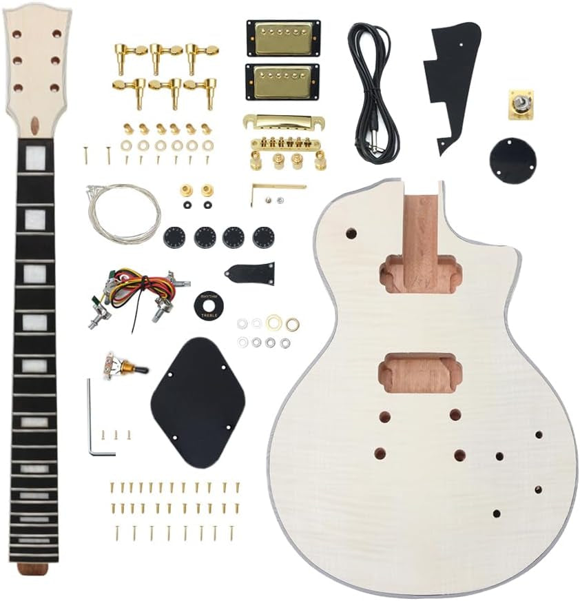 DIY Guitar Kit with Mahogany with Flame Maple Veneer Body Mahogany Neck with Rosewood Fretboard 6 String DIY Electric Guitar Kit with All Components to Build Your Own Guitar