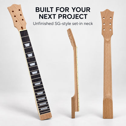 Yinfente unfinished guitar neck replacement 22 fret 24.75 inch SG heel Mahogany Rosewood guitar Fretboard Block Inlay