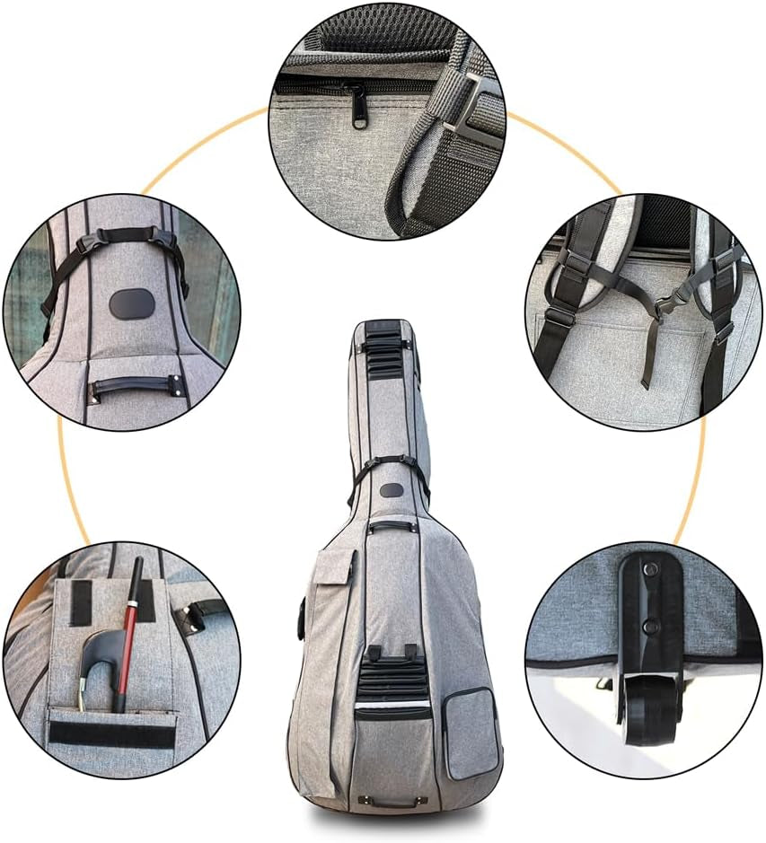 3/4 Upright Bass Gig Bag with Adjustable Backstrap&Handle&Wheel&More Storage Pockets Double Bass Bag for Musicians Durable and Portable Gray