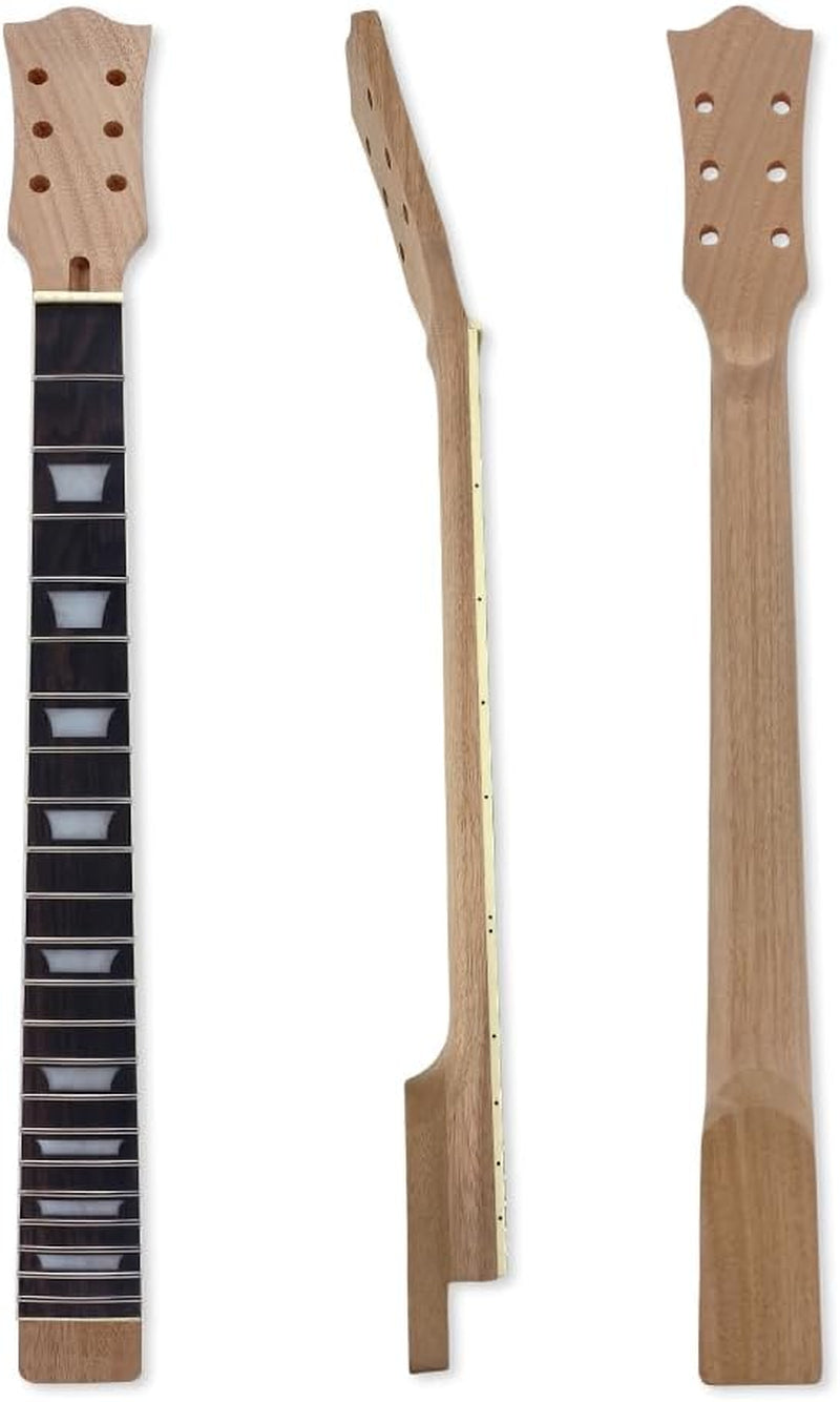 Mahogany Electric Guitar Neck with Binding 22 Fret 24.75Inch Rosewood Fretboard Trapezoid Inlay Set in Guitar Neck Replacement Unfinished