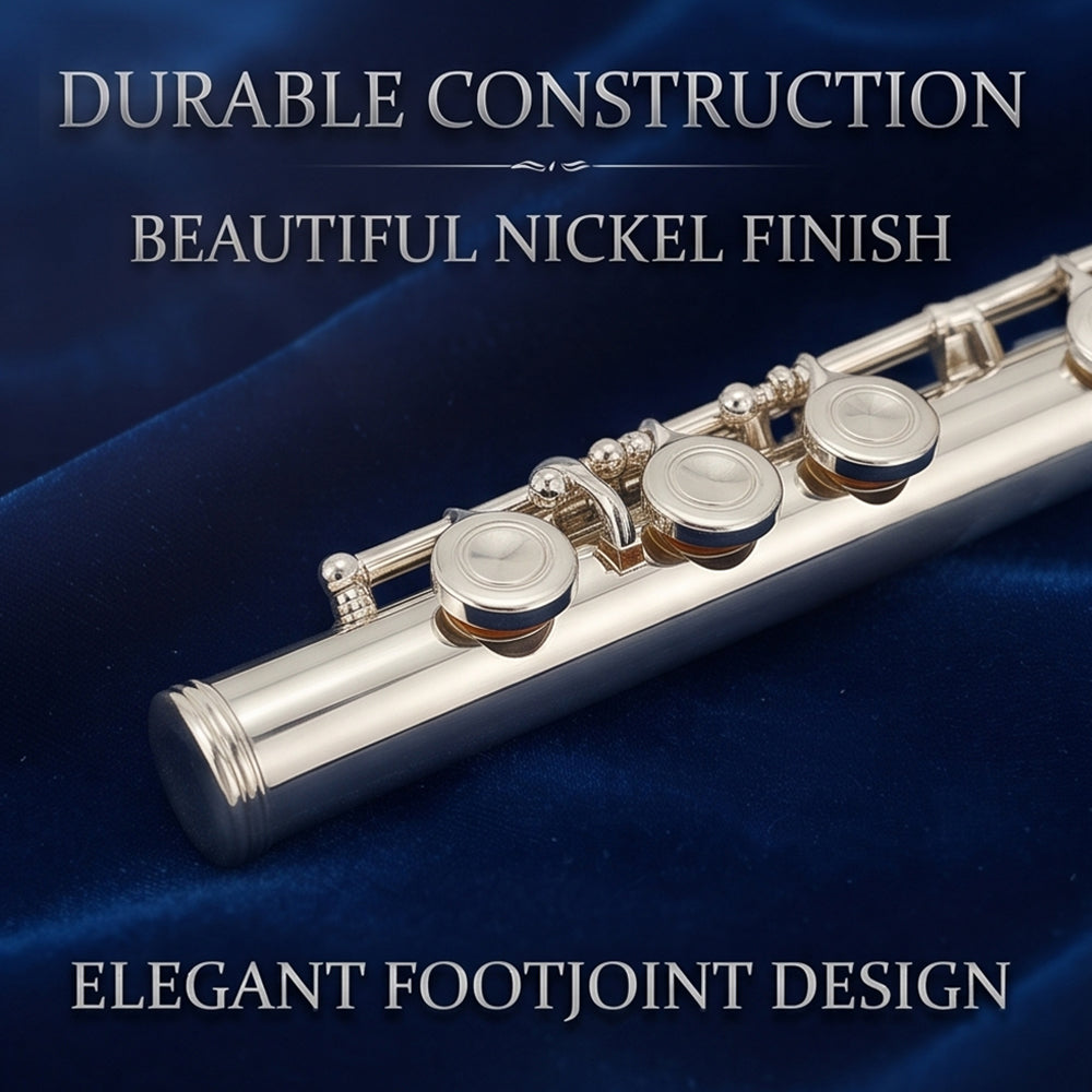 Yinfente 16 Hole C Flute with Gloves, Cleaning Rod, Case, Tuning Key and Extra Reeds - Nickel Silver Body, Closed Hole, for Student and Beginner